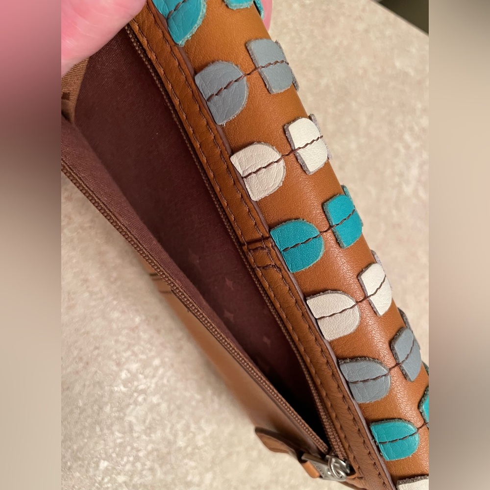Large Fossil Clutch Wallet Genuine Leather Brown Teal Blue - Picture 5 of 10